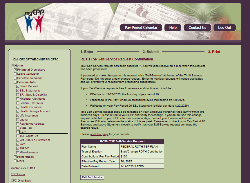TSP Self-Service Request Confirmation page